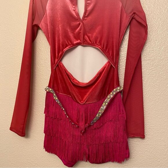 WEISSMAN Dance Costume hot pink fringe velvet mesh sleeve All The Ways 13290 SA - Picture 3 of 12